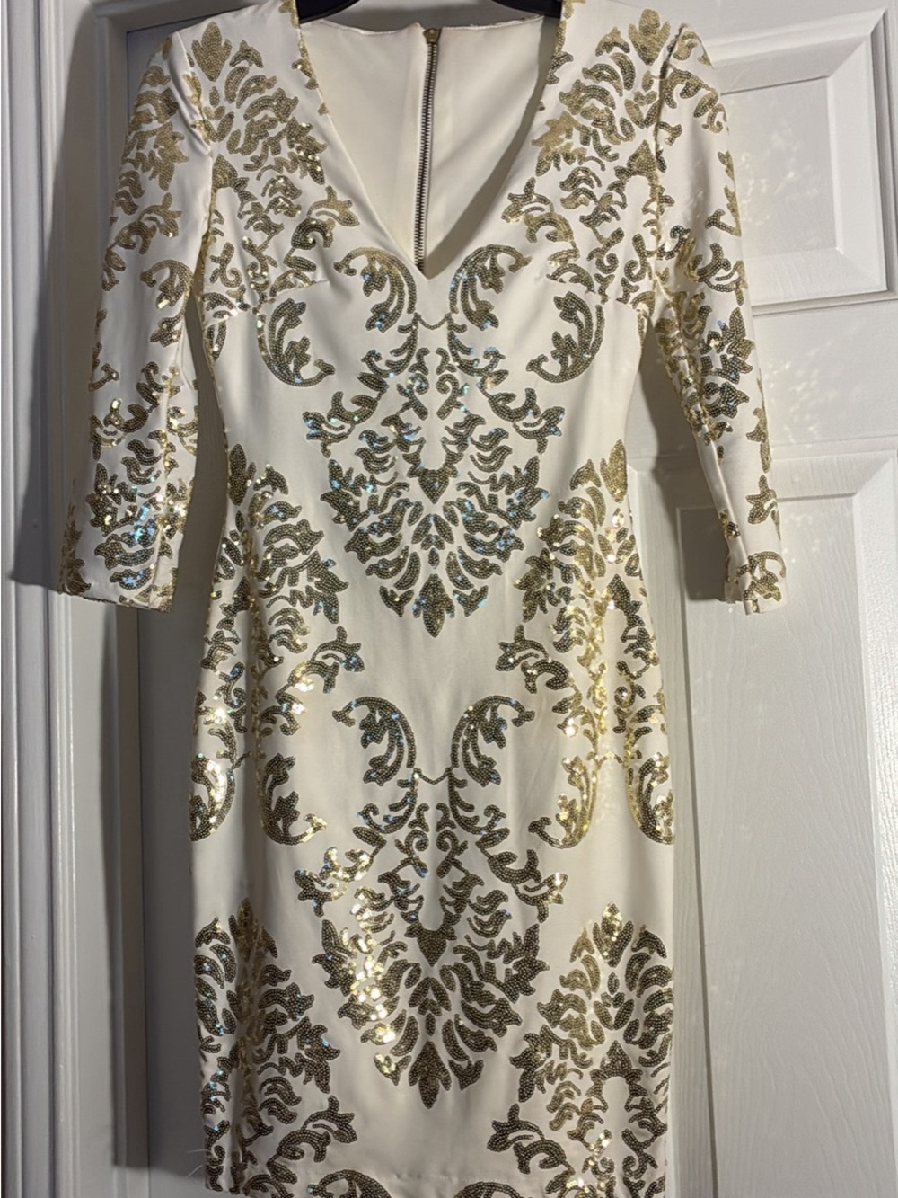 B Darlin Cream Midi Dress with Gold Sequin Scrolls